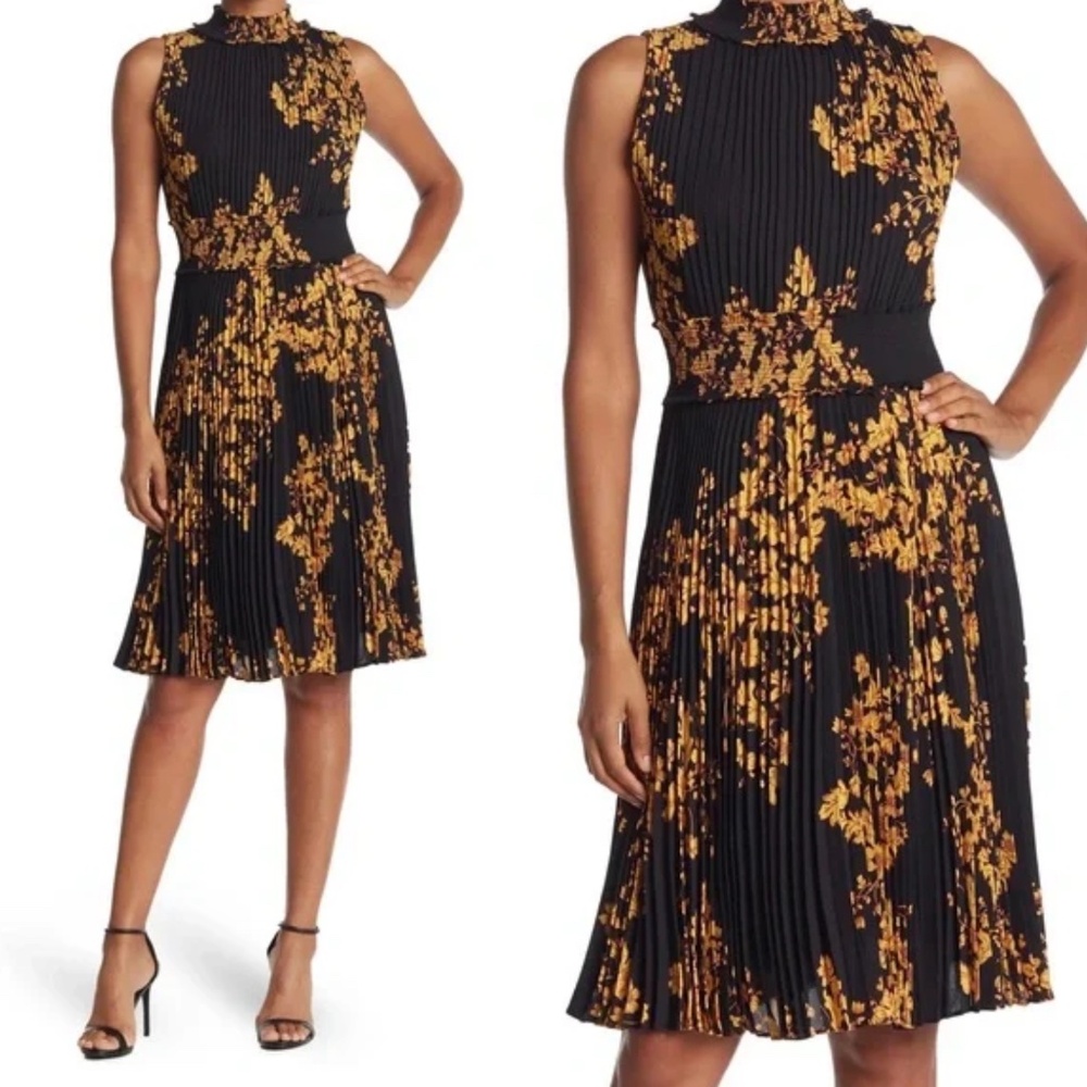 Nanette Lepore Black and Gold Pleated Midi Dress